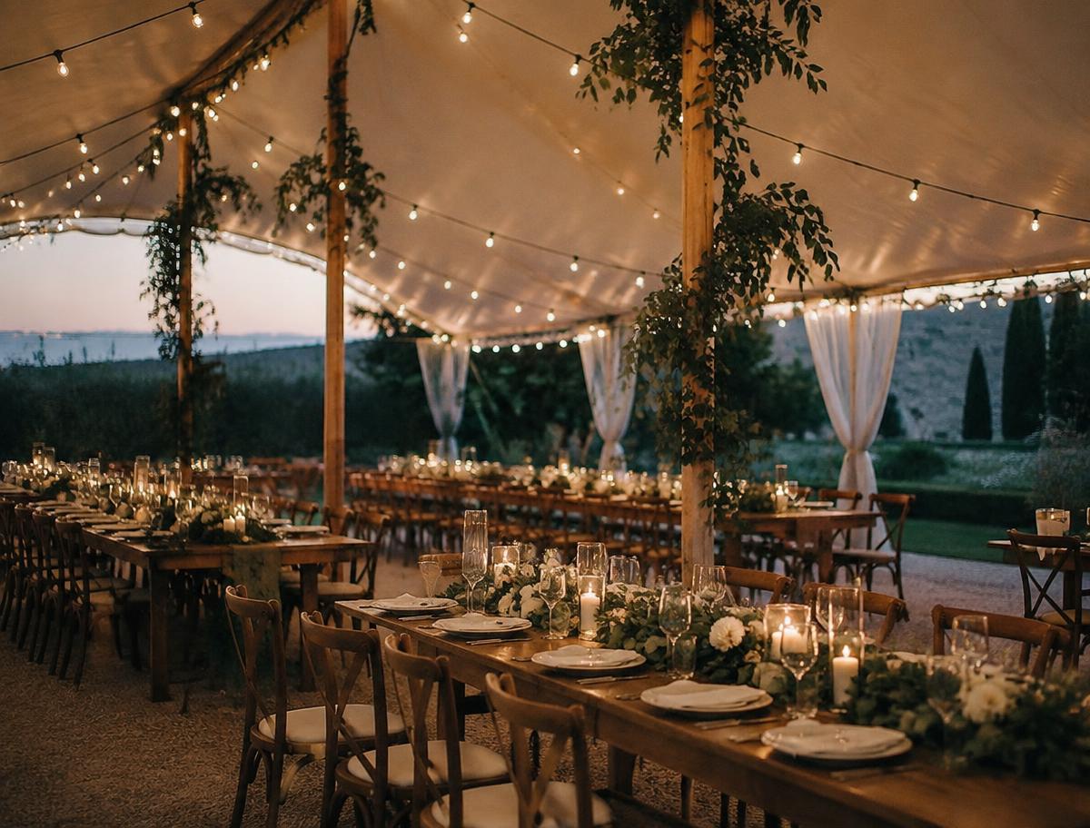 Tented garden reception glowing with string lights at twilight