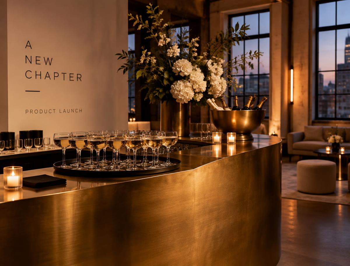 Brass bar set with coupe glasses at a loft product launch